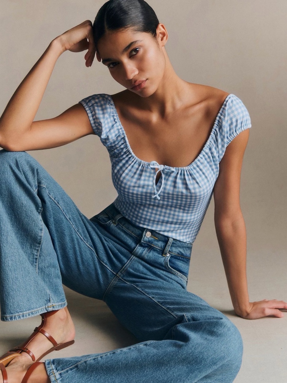 Sézane Willow T-Shirt Gingham Top – Size XXL – Ecru and Blue